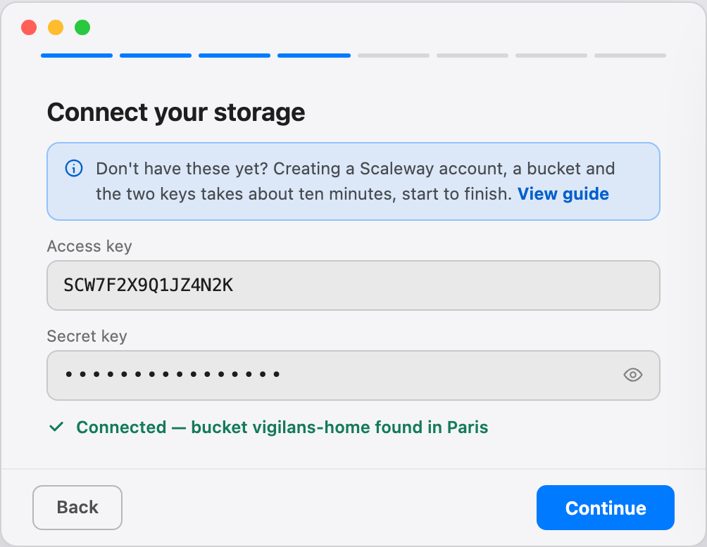 Onboarding step: Connect your storage, with access and secret key fields and a confirmation that the bucket was found in Paris