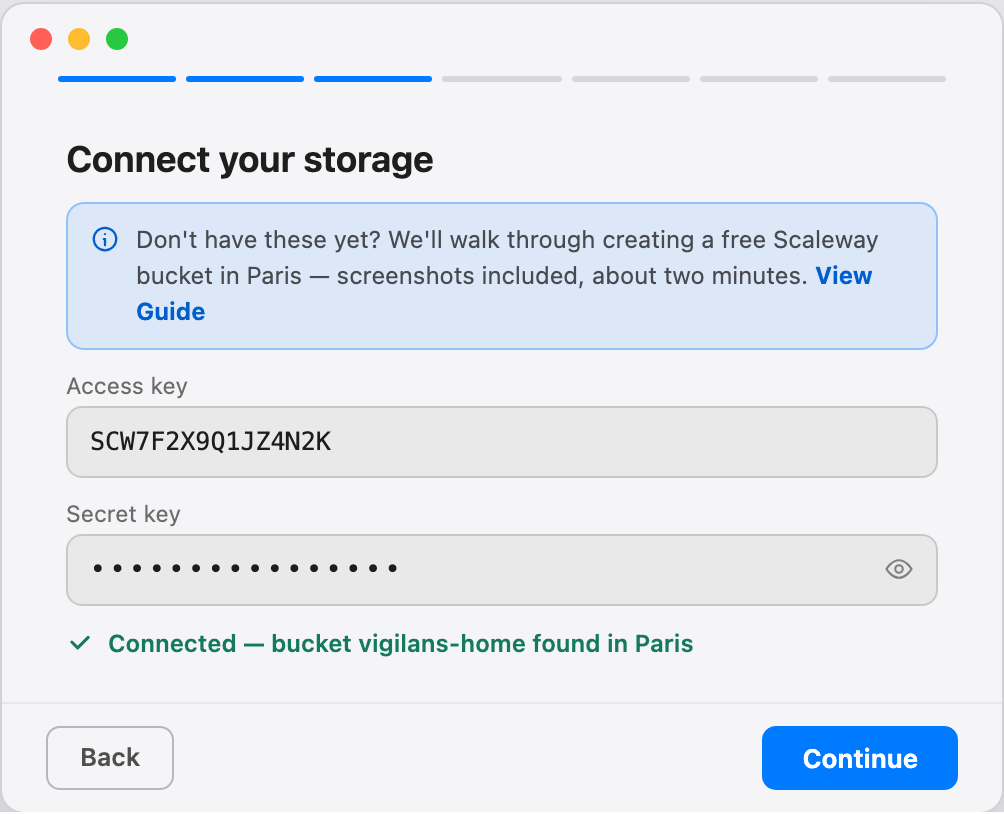 Onboarding step: Connect your storage, with access and secret key fields and a confirmation that the bucket was found in Paris