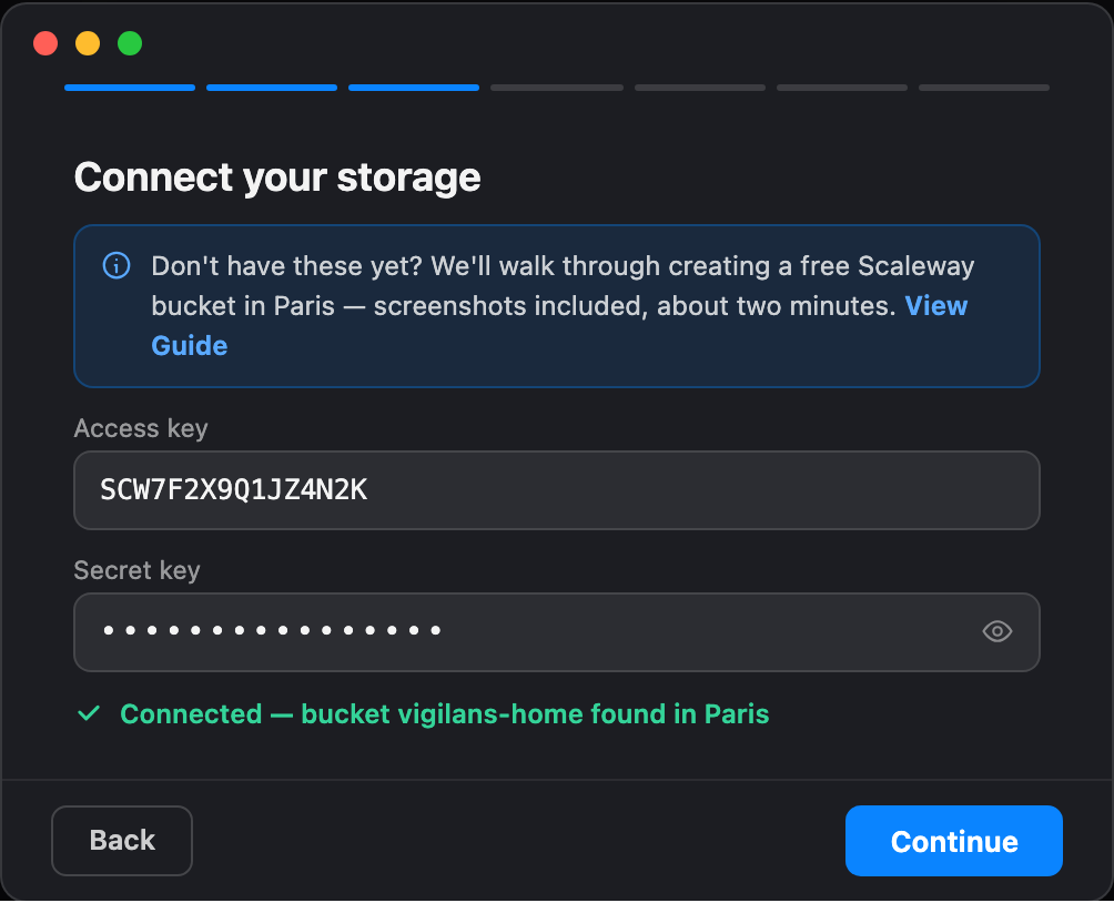 Onboarding step: Connect your storage, with access and secret key fields and a confirmation that the bucket was found in Paris