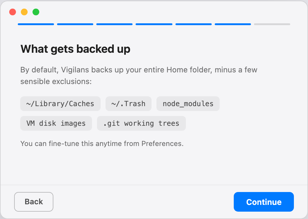 Onboarding step: What gets backed up, listing default exclusions like caches, trash, and node_modules