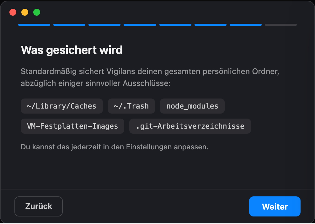 Einrichtungsschritt: Was gesichert wird, mit Standard-Ausschlüssen wie Caches, Papierkorb und node_modules