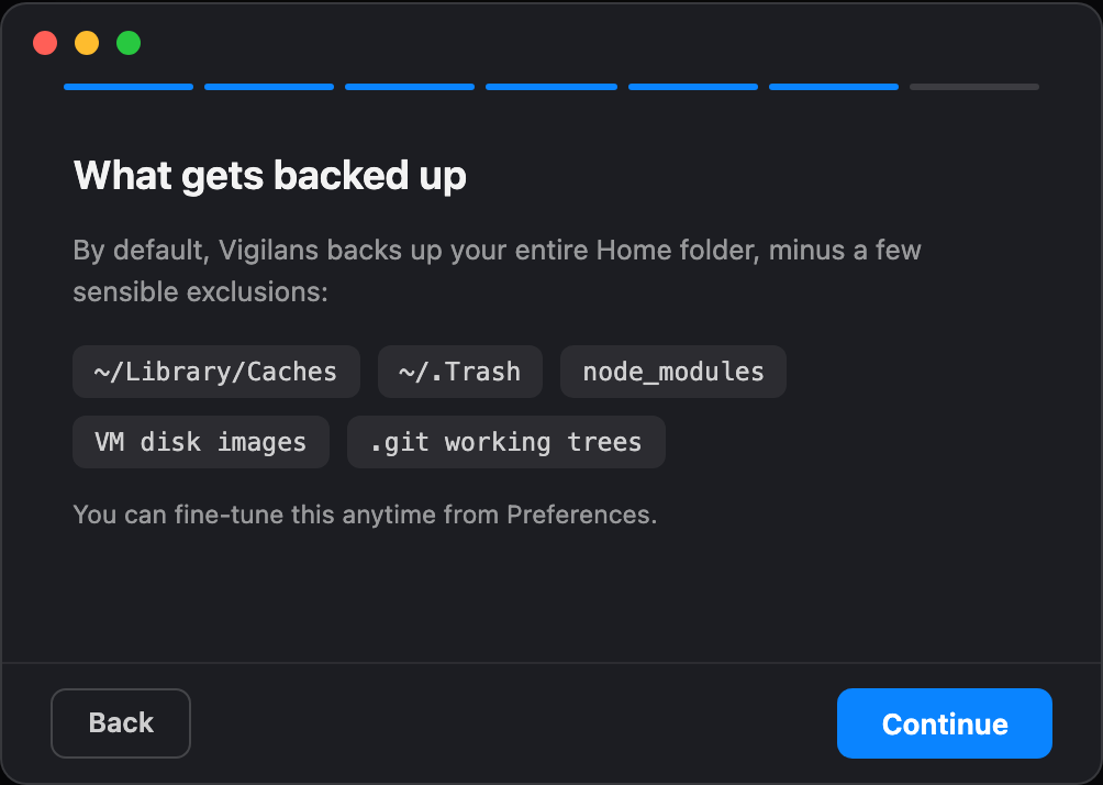 Onboarding step: What gets backed up, listing default exclusions like caches, trash, and node_modules