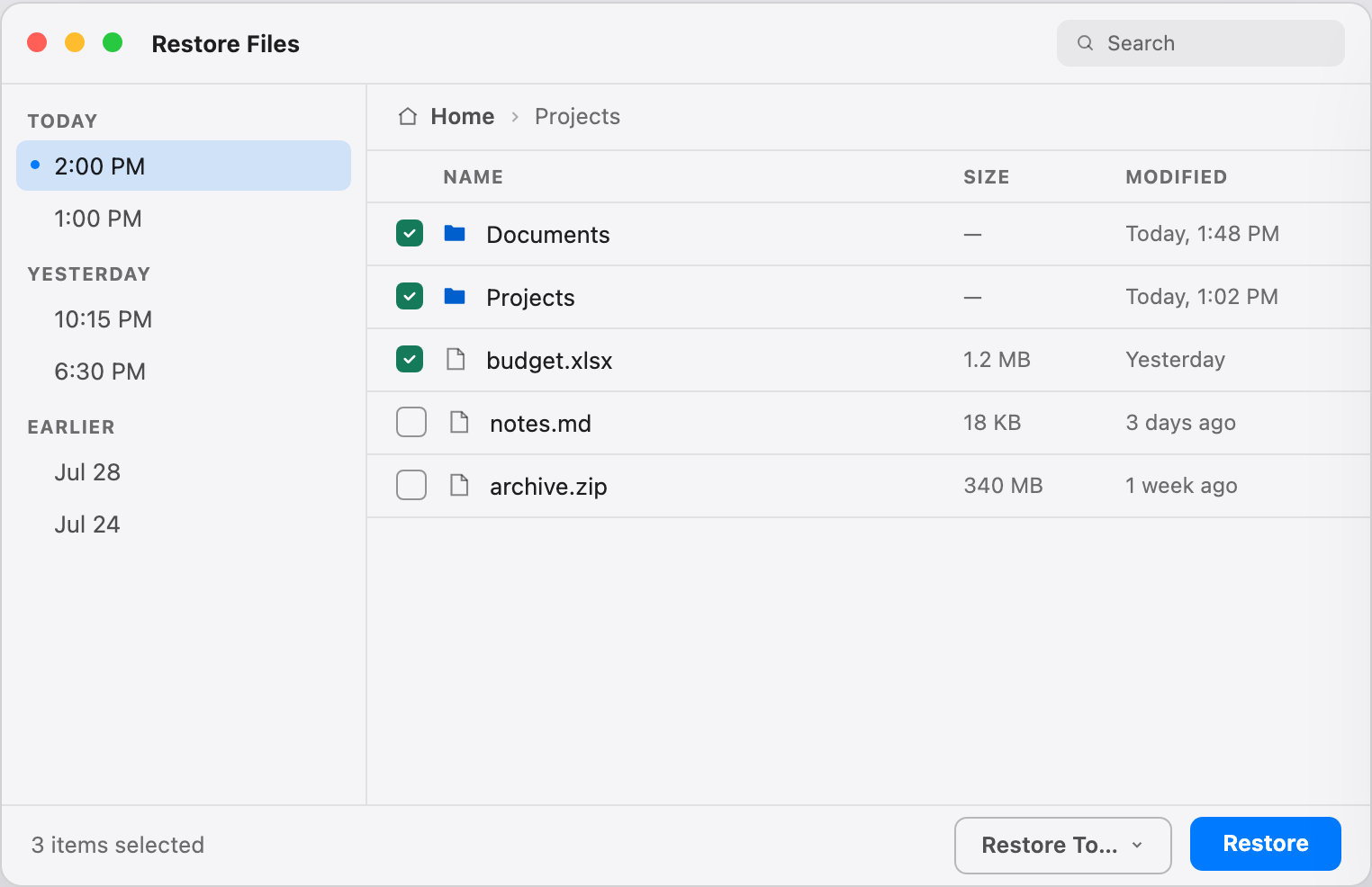 The Vigilans restore window with snapshots grouped by day in a sidebar and a file listing with checkboxes, three items selected for restore