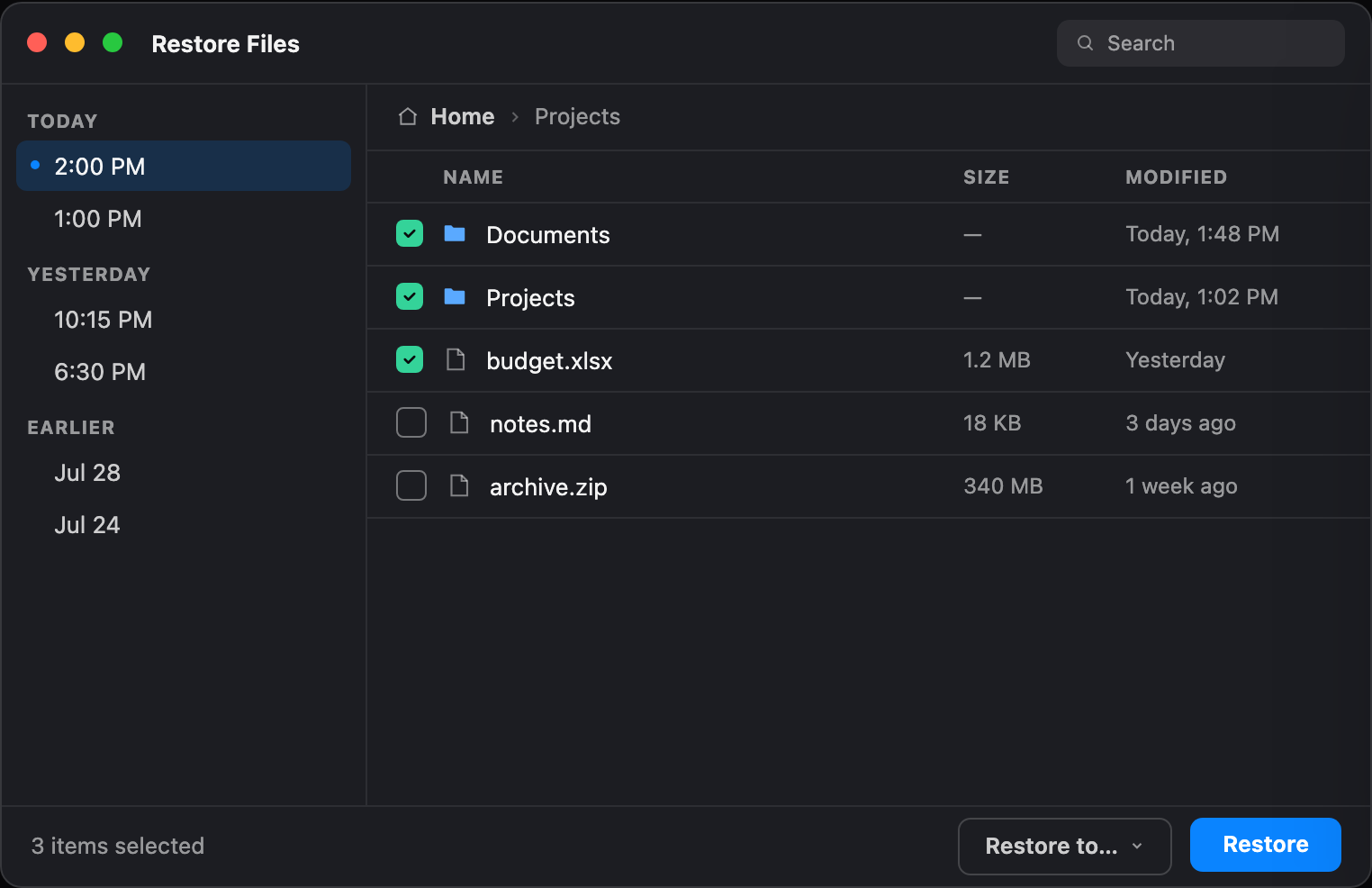 The Vigilans restore window with snapshots grouped by day in a sidebar and a file listing with checkboxes, three items selected for restore