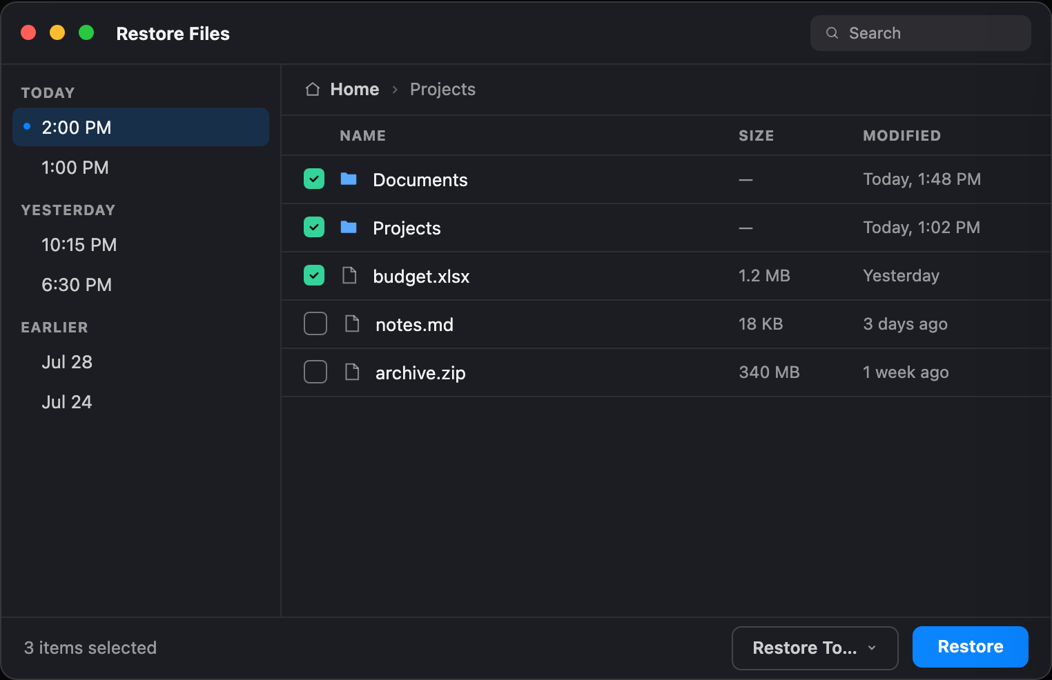The Vigilans restore window with snapshots grouped by day in a sidebar and a file listing with checkboxes, three items selected for restore